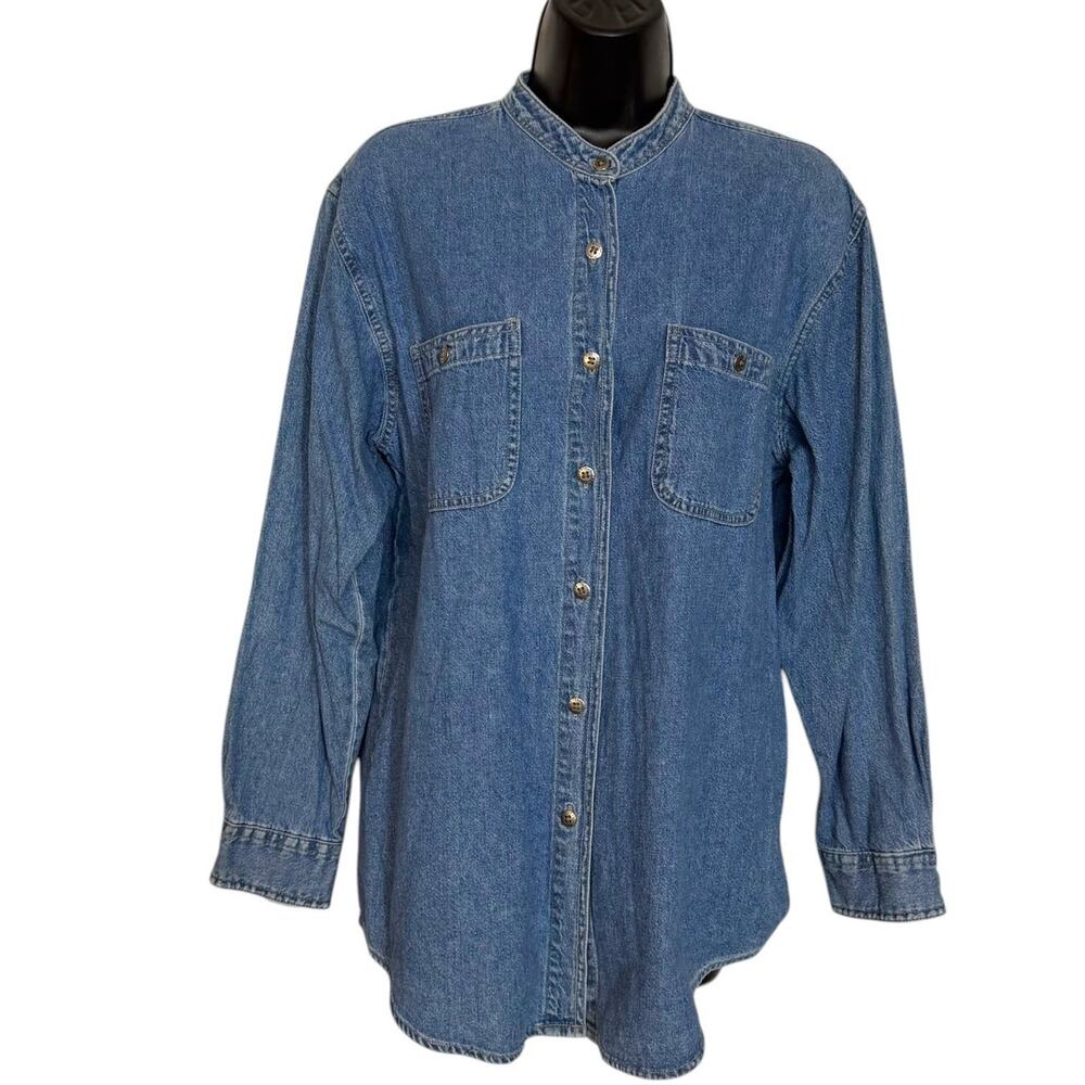 VTG BILL BLASS Y2K DENIM CHAMBRAY BANDED COLLAR SHIRT S WESTERN PREPPY MINIMAL